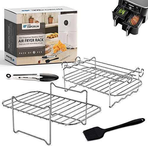 ONE Emporium 2-Piece Ninja Air Fryer Rack Set – Compatible with Dual-Basket Air Fryers, Oven & Microwave – Food-Grade Stainless Steel Accessories with Oil Brush & Kitchen Tongs