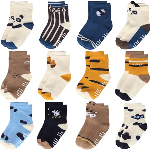 Yafane 12 Pares de Calcetines Antideslizantes para Niños Pequeños Infantil Recién Nacido Calcetines Antideslizantes Algodón para Bebés 0-7 años (Multicolor G, 3-5 años)