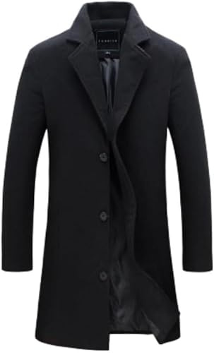 WAIDFU Mens Wool Overcoat Long Trench Coat Regular Fit Notched Collar 3 Button Winter Woolen Jackets Peacoat