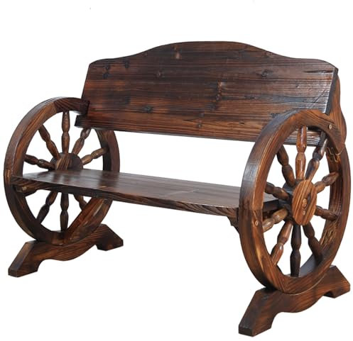 Yclty Holzbank mit Wagenrädern Für Den Außenbereich, 2-Personen-Sitz mit Übergroßer Rückenlehne und Wagenrad-Armlehne, für Veranda, Garten, Landhausmöbel, Gebrannt (Size : L-110cm(43in))