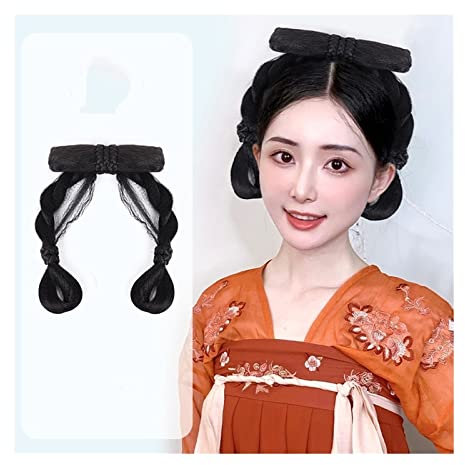 Unordentliches Dutt-Haarteil für Frauen, Synthetisches chinesisches altes Haar, Dutt-Perücke, Hanfu-Kopfbedeckung, eleganter alter Kopfschmuck, Fotografie, Tanzzubehör, Perücken, Schwarz for Frauen,K