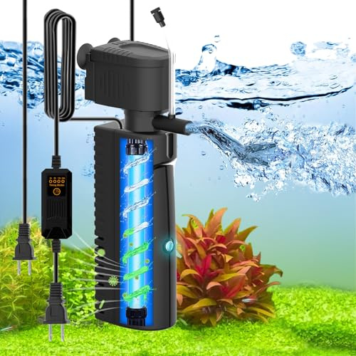 VCRAZE Filtre d'aquarium avec lumière U – V et minuterie (3/6/12/24 heures) pour le nettoyage de l'eau verte, filtre d'aquarium avec filtre d'aération pour réservoir de tortues avec éponge pré-filtre