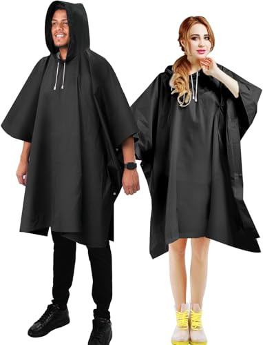 ANYOO Poncho Antipioggia Impermeabile per Adulti, 2 Pezzi Mantelli Impermeabile PEVA Riutilizzabili con Cappuccio per Uomo e Donna Festival, Trekking, Campeggio, Escursioni, Nero, Taglia Unica