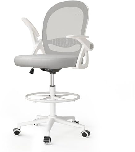naspaluro Silla de Oficina con Anillo Reposapiés, Silla de Escritorio Ergonómica con Malla Transpirable, Reposabrazos Abatibles, Silla para Ordenador de Altura Regulable, Silla Giratoria de 360°, Gris