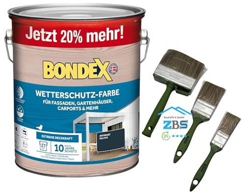 zbs24 Bondex Wetterschutzfarbe für Außen, atmungsaktiv, bis zu 10 Jahre Wetterschutz, extreme Deckkraft, einfache Verarbeitung, für Holz, inkl. 3-teiliges Pinselset (anthrazit RAL7016, 3 Liters)