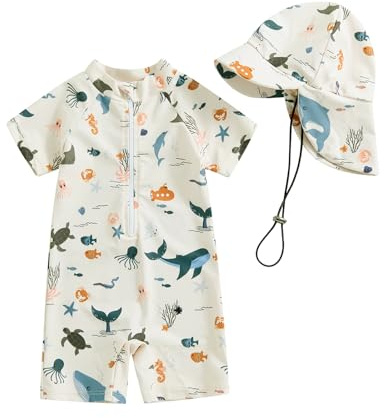 BYUSBAYA Toddler Baby Boy Girl Rash Guard Swimsuit UPF 50+ Sun Protection Zipper Bathing Suit One Piece Swimwear with Sun Hat (Beige, 6-12 Months)