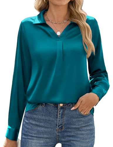 Zeagoo Blusa de satén para mujer, camiseta de manga larga, elegante, cuello de pico, blusa de seda, manga larga, camiseta de trabajo monocolor, azul pavo real, L