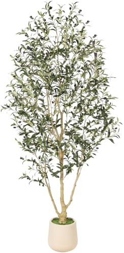 FEELEAD Faux Olive Tree 7ft with Planter - Realistic Artificial Indoor Tall Fake Potted Olive Tree with Natural Wood Trunk & Green Leaves, Elegant Tree for Home Office Decor