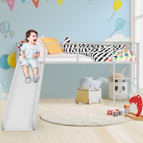 GYMAX Kids Loft Bed with Slide, Children Bunk Bed with Stairs and Guard rail, Single Bed Frame for Girls Boys (White)