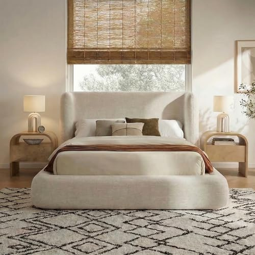 XIAO WEI Queen Cloud Bed Frame, Upholstered Platform Bed Frame with Wingback Headboard, 6.3 Thick Fully Padded Frame, Cream Performance Fabric, Noise-Free, No Box Spring Required, Tool-Free Assembly