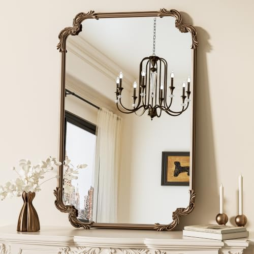 TETOTE Gold Vintage Rectangle Mirror 60x90cm - Antique Brass Frame with HD Tempered Shatterproof Glass - Baroque Ornate Scroll Decor - Horizontal & Vertical Mount for Fireplace Bathroom Hallway