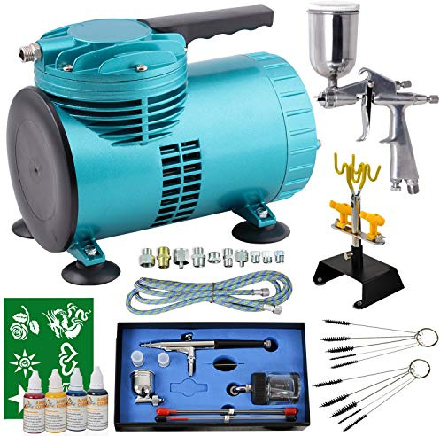 AIRBRUSH SET DECOR DESIGN Airbrush KOMPRESSOR Kit mit 2 AIRBRUSH-PISTOLEN 4-FARBEN SET TATTOO-SCHABLONEN Cleaning-Brush AIRBRUSH-PISTOLEN HALTER und 10 Stck. ADAPTER-VERSCHRAUBUNGEN Airbrushzubehör VIEL AIRBRUSH SPASS für WENIG GELD!