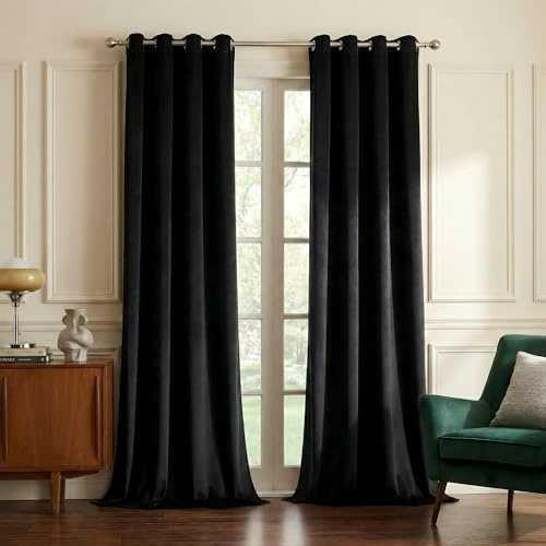 NICETOWN Black Velvet Curtains, Media Movie Theater Room Decor, Luxury Velvet Blackout Window Treatment Drapes, Classic Velvet Woven Home Theater Ring Top Drapes (Set of 2, W52xL84 inches)