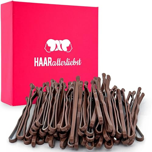 HAARallerliebst 50 x Mini-Haarnadeln – 3,4 cm kleine Bobby Pins – braun – Haarspangen für Damen in rosa Box – perfekte Haarnadeln zum Stylen und Halten