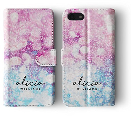 Tirita Personalised Custom Wallet Flip Phone Case Compatible with iPhone 7/8 / SE 2020 / SE 2022 PRINTED GLITTER, NOT REAL GLITTER Ombre Sparkly Faded Gradient Sequin Effect