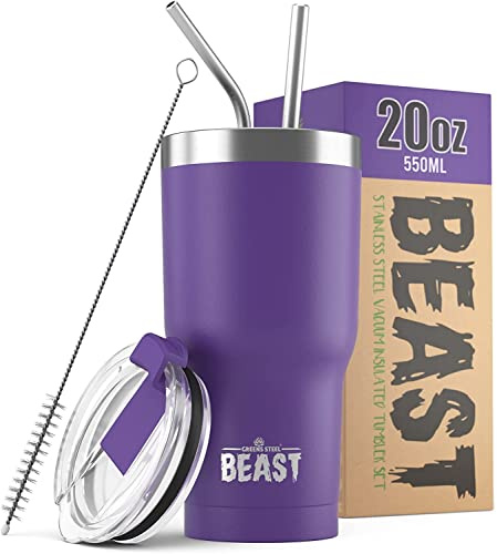Beast Tumbler - 550 ml (20 oz), Purple | Reusable Stainless Steel, Vacuum Insulated Cup | with + 2 Straws & Cleaning Brush | Double Wall Travel Flask Perfect for Hot or Iced Coffee | BPA Free