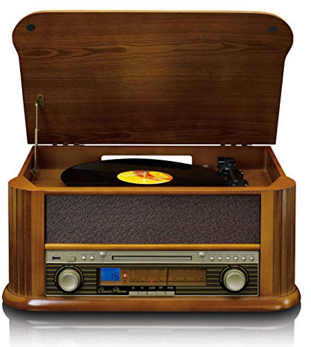 Classic Phono by Lenco TCD-2550 Retro Turntable Stereo System - Radio - Lecteur CD - Lecteur de cassettes - 33,45 et 78 RPM - Enregistrement direct de CD, LP et Cassettes - 2 x 4.5 Watt RMS - Bois