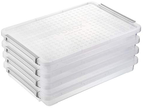 BTSKY 4-pack A4 Plus genomskinlig plast stapelbar förvaringsbox skrivbord papper tidningsbehållare med spänne, kontorsmaterial tillbehör filskyddsfodral organisatör, bärbart projektfodral