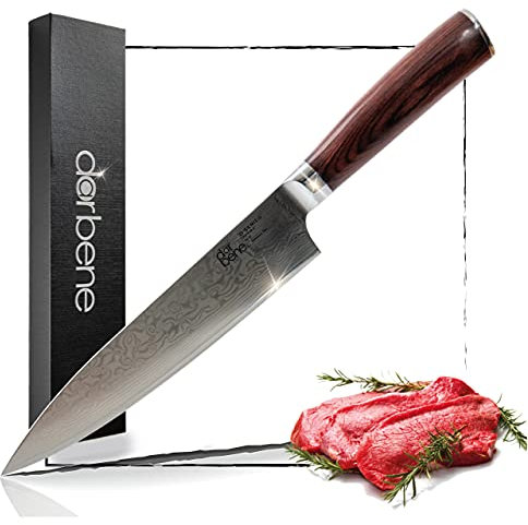 DarBene Damastmesser Premium Chefmesser D-Series 20cm Profi Küchenmesser aus Damaststahl 67 Schichten, extreme Schärfe, nachschleifbar mit ergonomischer Pakka Holzgriff, premium Kochmesser