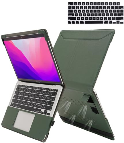 TYTX Kompatibel mit MacBook Pro 14 Hülle Zoll Leder Case 2021 A2442 M1 Pro/M1 Max, Laptop-Hülle mit Heat-Vent und Stand Funktion, Schutzhülle Case mit Tastaturabdeckung, Grün