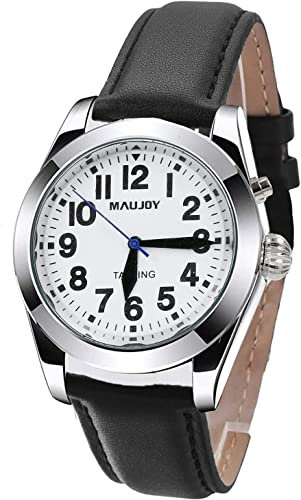 MAUJOY Deutsch Sprechende Herren Armbanduhr I Datum- und Zeitansage I Für Blinde, Senioren und Demenzkranke I Lederarmband I Verstellbares