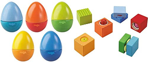 HABA 7733 - Musikeier, 5 farbenfrohe Rasseleier, ab 2 Jahren & 7628 - Entdeckersteine Klangspaß, Robustes Holzspielzeug und Lernspiel ab 1 Jahr, 6 farbenfrohe Bauklötze mit akustischen Effekten