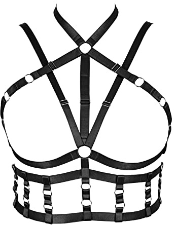 BBOHSS Damen Body Harness BH Plus Size BH Punk Gothic Top Hohl Mode Gürtel Halloween Karneval Kostüm 14 Farben (Schwarz)