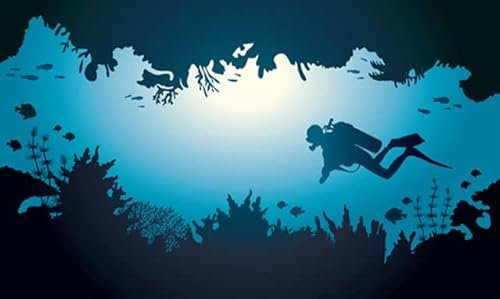 adrium Acryl-Bild 100 x 60 cm: Silhouette von Taucher und Korallenriff mit Fischen auf blauem Meer. Vektorillustration mit tropischer Unterwasserhöhle. (58741382)