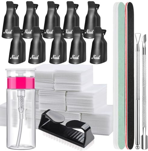FANDAMEI Nagellackentferner Werkzeuge Set, Nagellackentferner Clips, Wattepads für Gelnägel, Nagelhautschieber Edelstahl, 2 Stk. Nagelfeile, Nagelbürste, 100ML Leere Pump Spenderflasche Schwarz