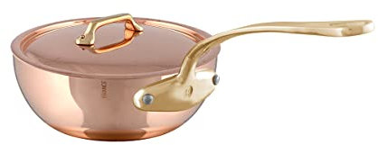 Mauviel M'Heritage 200B Sauteuse incurvée évasée en cuivre poli et acier inoxydable de 2 mm avec couvercle, poignées en bronze, 2,1 L, fabriquée en France