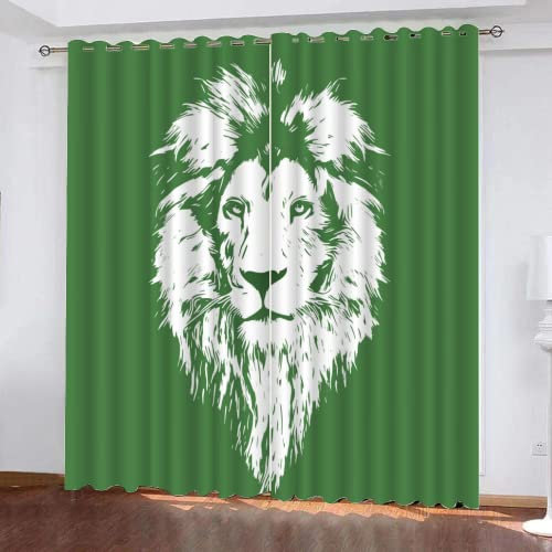 TEMLAN Weißer Löwe Kinder Gardinen Löwe Auf Grünem Hintergrund Vorhänge Blickdicht Mit Ösen, Digitaldruck 3D Thermogardine Für Schlafzimmer Wohnzimmer 2Er Set (140 x 160cm)