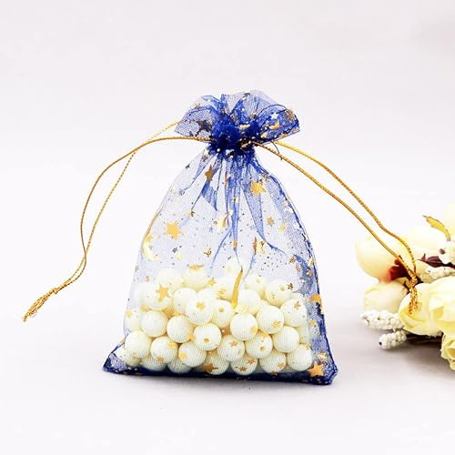 100 Stück Organzasäckchen,Bronzierender Sterne Mond Organzabeutel Geschenkbeutel Organza Schmuckbeutel Hochzeitsbevorzugung Bonbonsbeutel mit Kordelzug für Party Hochzeit Festival -Blau #3,7x9cm