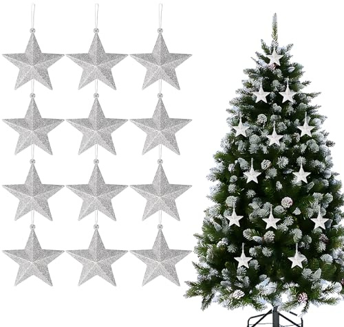 BHGT 12 Christbaumschmuck Weihnachtsstern Weihnachtsdeko Silber Glitzer Weihnachtsbaumschmuck Baumschmuck Weihnachten Anhänger Sterne Fenster Hanging Ornamente für Xmas Trees (Silber)