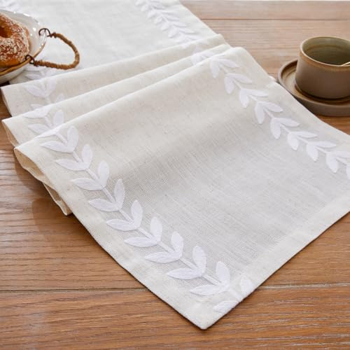 Wracra Linen Embroidered Table Runner, Irregular Willow Leaf Table Runners 275cm Long, Rustic Farmhouse Table Runner for Dining Holiday Parties and Everyday Use(White, 275cm)