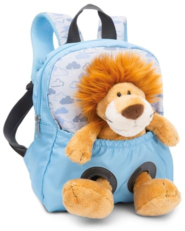 NICI barnryggsäck blå 2 i 1 med gosedjur lejon 25cm - Kindergarten ryggsäck flickor & pojkar - Mjukt ryggparti & justerbara remmar - 49848