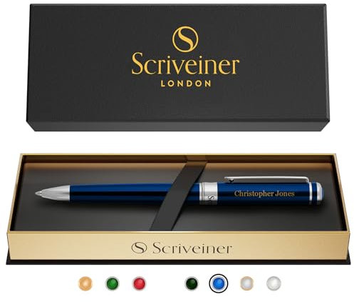 Scriveiner Midnight Blue Personalisierter Stift - Atemberaubender Blauer Lack Luxus Chrom Finish, Schmidt Tintenmine, Beste Gravierte Kugelschreiber-Geschenk-Set, Individuelle Namensgravur