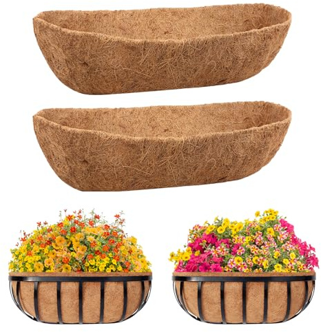 Riare 2Pcs Trough Coco Coir Liners 24Inch Coconut Coir Hanging Basket Liner for Planters Natural Coco Fiber Window Box Liners for Wall Planter, Window Basket Deck Railing Planter (2, 24inch)