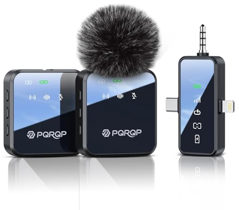 PQRQP 3 in 1 Wireless Lavalier Microphone for iPhone Android & Camera, Mini Clip-On Mic for Video Recording TikTok YouTube Interview, Noise Cancelling, 328ft Range, 18H Battery