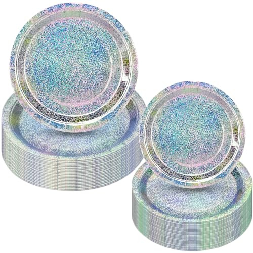 100 Pieces Holographic Dinner Plates - 7 and 9 Iridescent Rainbow Party Plates (Iridescent Color, 7''50PCS+9''/50PCS)
