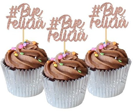 MonMon & Craft Bye Felicia Cupcake Toppers - Retirement Job Change Cupcake Toppers - Farewell Party Sign Dessert Decor Going Away Graduation Divorce Party Decorations Rose Gold Glitter - 24 Pcs
