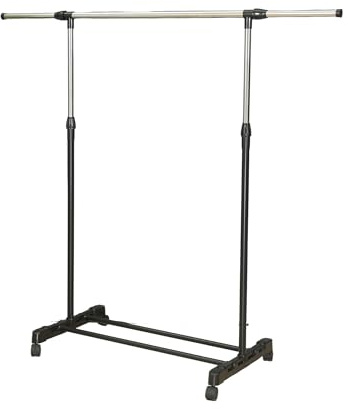 Herzberg HG03268, Porte-vêtements à roulettes réglable, Largeur 80-140 cm, Hauteur 90-158 cm, Chrome et Noir, idéal pour Petits espaces, roulettes, Capacité de Poids jusqu'à 25 kg