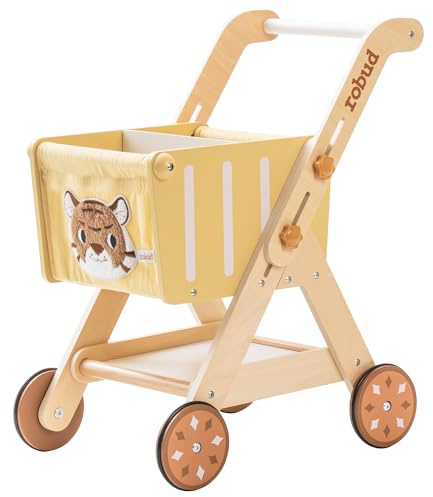 ROBOTIME Wooden Shopping Cart Toy for Toddler Kids, Height-Adjustable Wooden Baby Push Walker, Sit to Stand Walker for Baby Learning to Walk for Boys and Girls