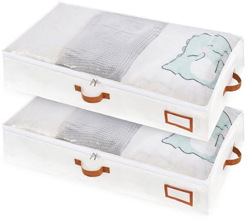 MEKOTRIN Under Bed Storage Box with Lid 2Pack 57L Clothes Storage Bag with Zip & PVC Top Large Underbed Storage Organiser with 4 Handles for Clothes Duvet Comforter Blanket Bedding