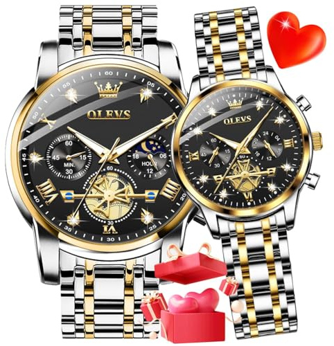 OLEVS Couple Watch Set - His and Her Matching Watches with Diamond Accents - Romantic Valentine's Day Chronograph Watch