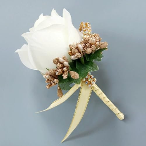 AQCQDQ Ansteckblume, Boutonniere Anstecknadel, Hochzeit Braut Blumen Anstecker, Künstliche Rose Blume Hochzeitsbrosche,Hochzeit Zubehör Brautaccessoires Für Hochzeiten (weiß golden,2 Stück)