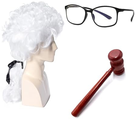 Judge Wig & Gavel Costume Set – 2 Pcs Judge Costume Accessories, White Lawyer Wig with Mini Wooden Gavel, Courtroom Cosplay Set for Halloween, Role-Playing, Theme Parties Cosplay Accessories