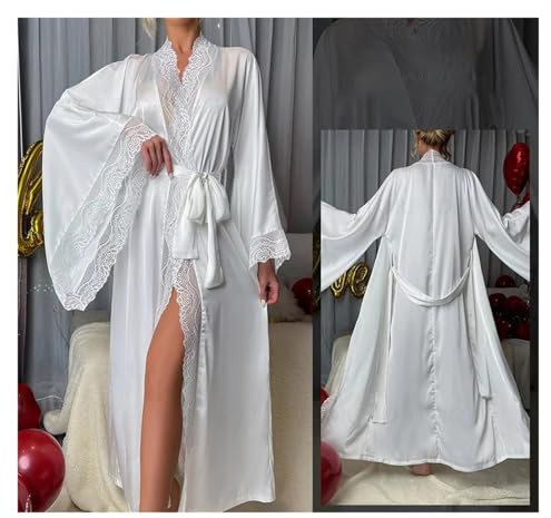LIZHAYG Badrock Satin Dam Badrock Sexig Spets Kimono av Iskall Silke för Kvinnor, Långklänning, Vårnattlinne, Lös Nattlinne för Hemmet(White Robe, L)