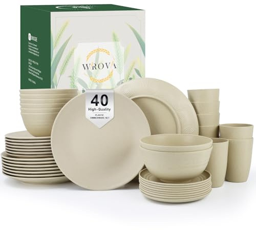 Wrova Unbreakable Dinnerware Sets 40 PCS Reusable Plastic Plates and Bowls Sets Service for 8 | Microwave Safe Dishes for Kitchen Lightweight Dish Set for RV Outdoor Activities Travel - Beige