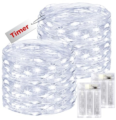 bitjam 12M 120LED Battery Fairy Lights with Timer, 2 Pack Fairy String Light Battery Operated, Waterproof Copper Wire Christmas Decor Battery Powered Indoor for Wedding Party Bedroom Garden-Cool White
