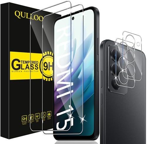 QULLOO Verre Trempé pour Xiaomi Redmi 15 4G / 5G, 2 Pièces Protecteur D'écran et 2 Pièces Caméra Arrière Protecteur, 9H Dureté Film Protection Écran HD Clarté Anti Rayures Vitre Protection